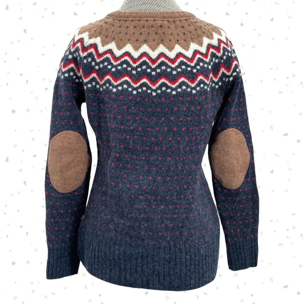 Fjallraven Ovik Knit Sweater Navy Blue Tan Wool Nordic Winter Pullover Size S